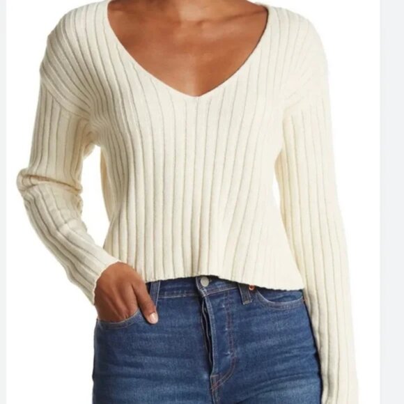 Abound V-Neck Ribbed Knit Sweater Ivory Dove S NWT - Picture 1 of 6
